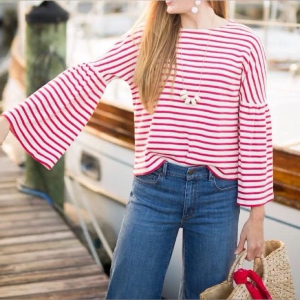 J.CREW Shirt Red Poppy Nautical Striped Bell Long Sleeve Pullover Top Womens XS